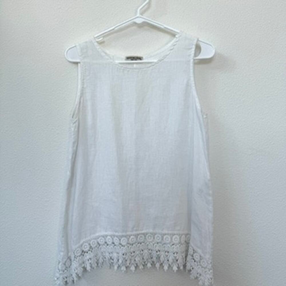TERZO‎ MILLENNIO Linen Crochet Hem Tank White Italy Small Boho Cottagecore Top